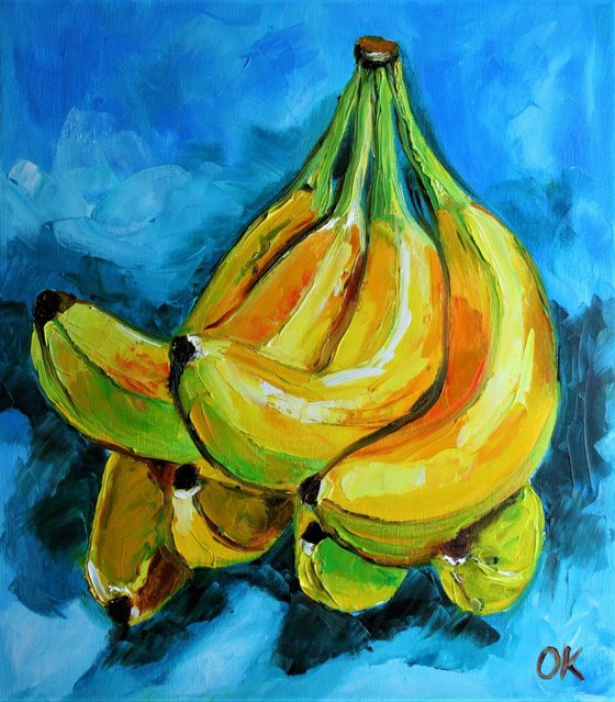 Bananas on  turquoise  Still life. Palette knife painting on linen canvas