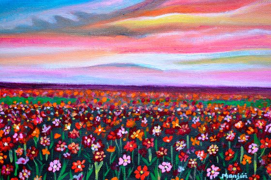 Floral meadow at sunset cheerful landscape