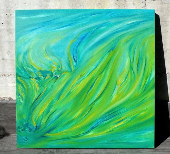 Composition of 2 artworks, Diptych, "Spring green" and "Red sunset on the sea", LARGE XXL 160X80 cm