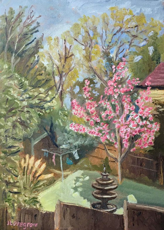 Over the garden fence - an original oil painting by Julian Lovegrove