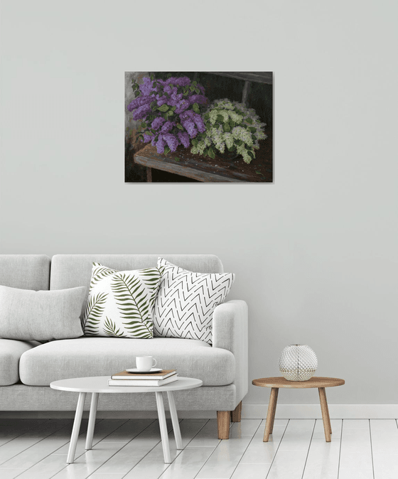 Lush Bouquets Of Lilacs On The Bench In The Garden - original floral spring oil painting on canvas