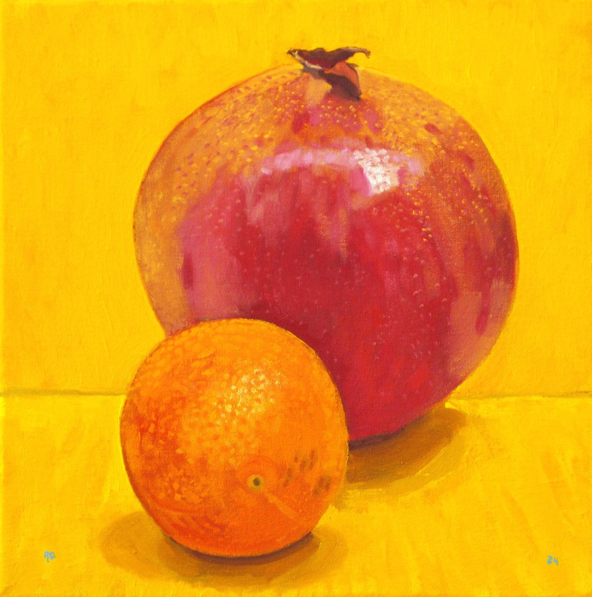 Still Life Oil Painting By Richard Gibson, 11 X 11", Pomegranate And Orange, Original Artwork