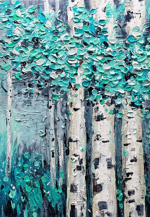Teal Afternoon - Tree Painting On Canvas, Framed wall art, Teal blue Blomming painting, Heavy Textured art by Lana Guise