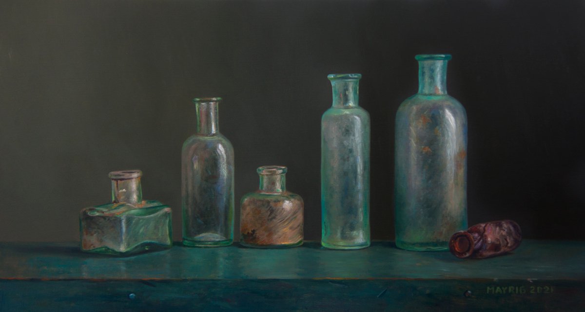 Photorealistic Still Life Oil Painting By Mayrig Simonjan, 20 X 11", Medieval Glass - Part Ii, Original Artwork