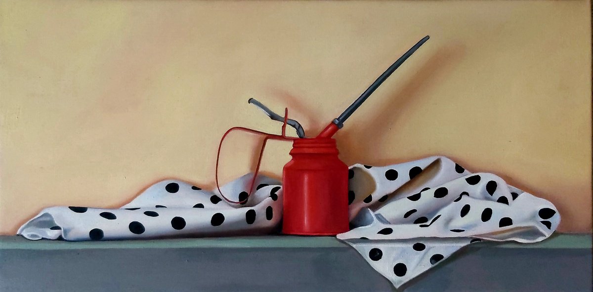 Photorealistic Still Life Oil Painting By Priyanka Singh, 20 X 10", Polka & Red Oil Can, Original Artwork