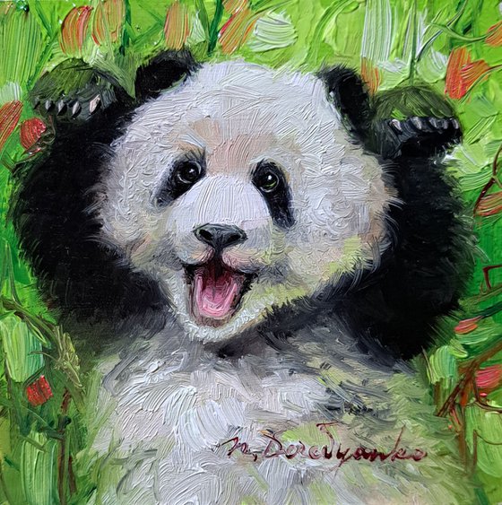 Panda painting oil original 4x4 in frame, Wild animal painting mini gift for friend