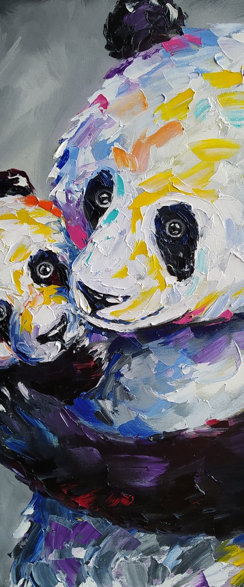 When mother is near -  panda, pandas, panda oil painting, mother's love, animal, animal face, love, mother, painting on canvas, gift, animals art, animals oil painting by Anastasia Kozorez