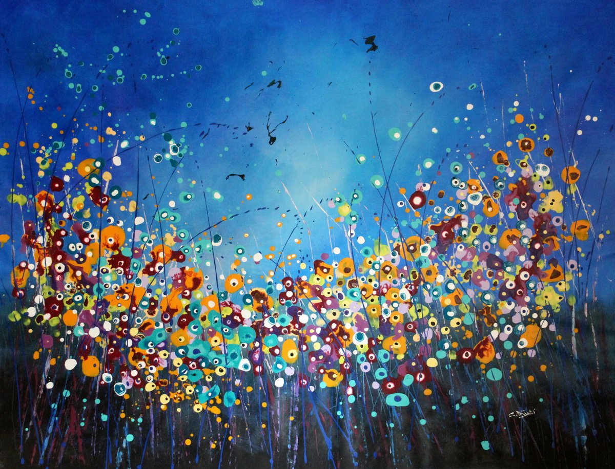 Expressive Botanical Acrylic Painting By Cecilia Frigati, 52 X 39, Night Tales #9, Original Artwork