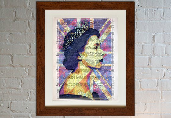 Queen Elizabeth II - The Union Jack 2 - Collage Art on Large Real English Dictionary Vintage Book Page