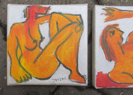 3 expressive silver girls on canvas mixed media 6 x 17,7 inch