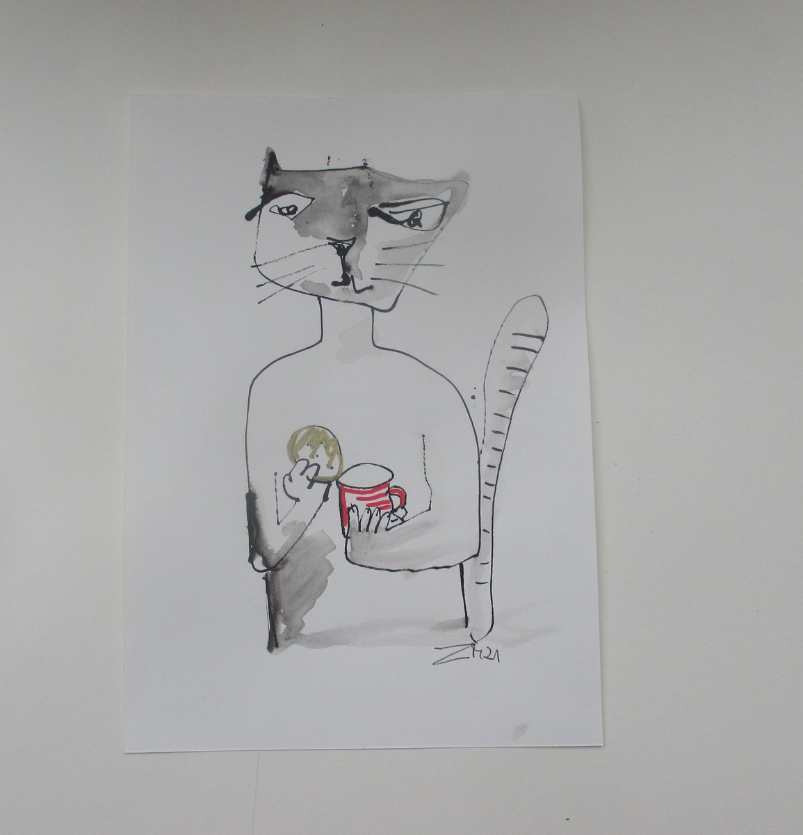 crazy cat needs coffee 8,2 x 11,4 inch unique mixedmedia drawing by Sonja Zeltner-Muller