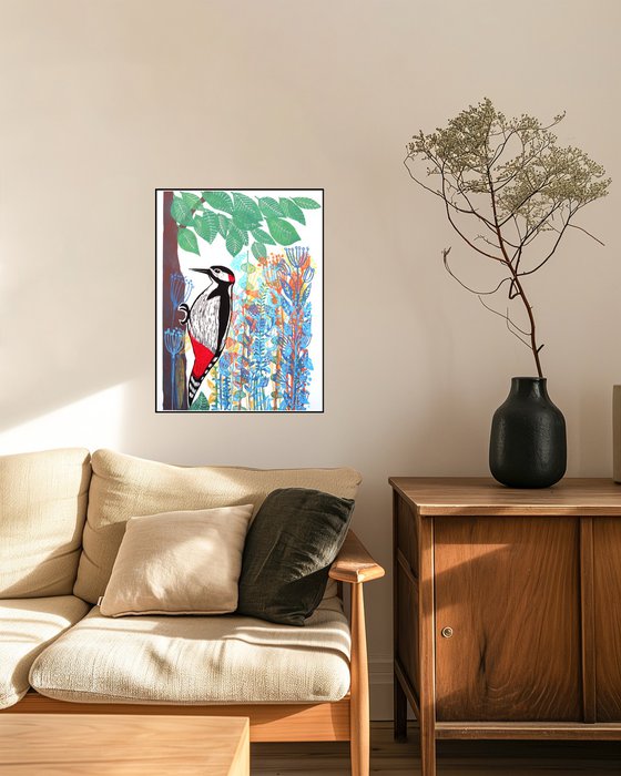Woodpecker and Flowers