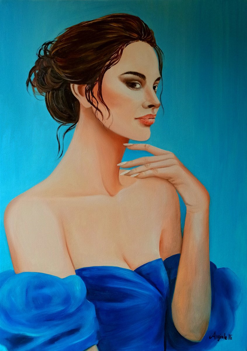 Photorealistic Portrait Oil Painting By Anna Rita Angiolelli, 20 X 28, Portrait In Blue, Original Artwork