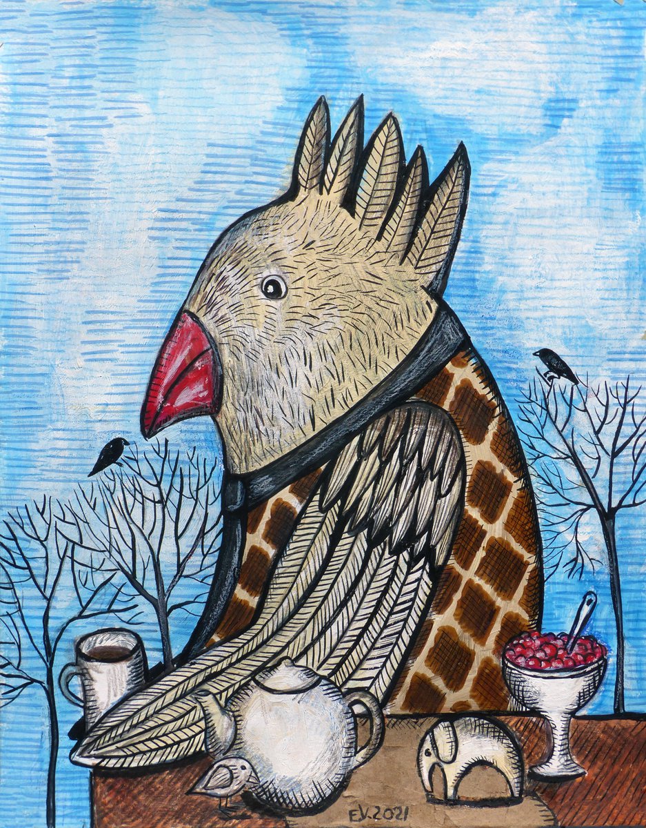 Naive Animal Painting By Elizabeth Vlasova, 11 X 14, Breakfast, Original Artwork