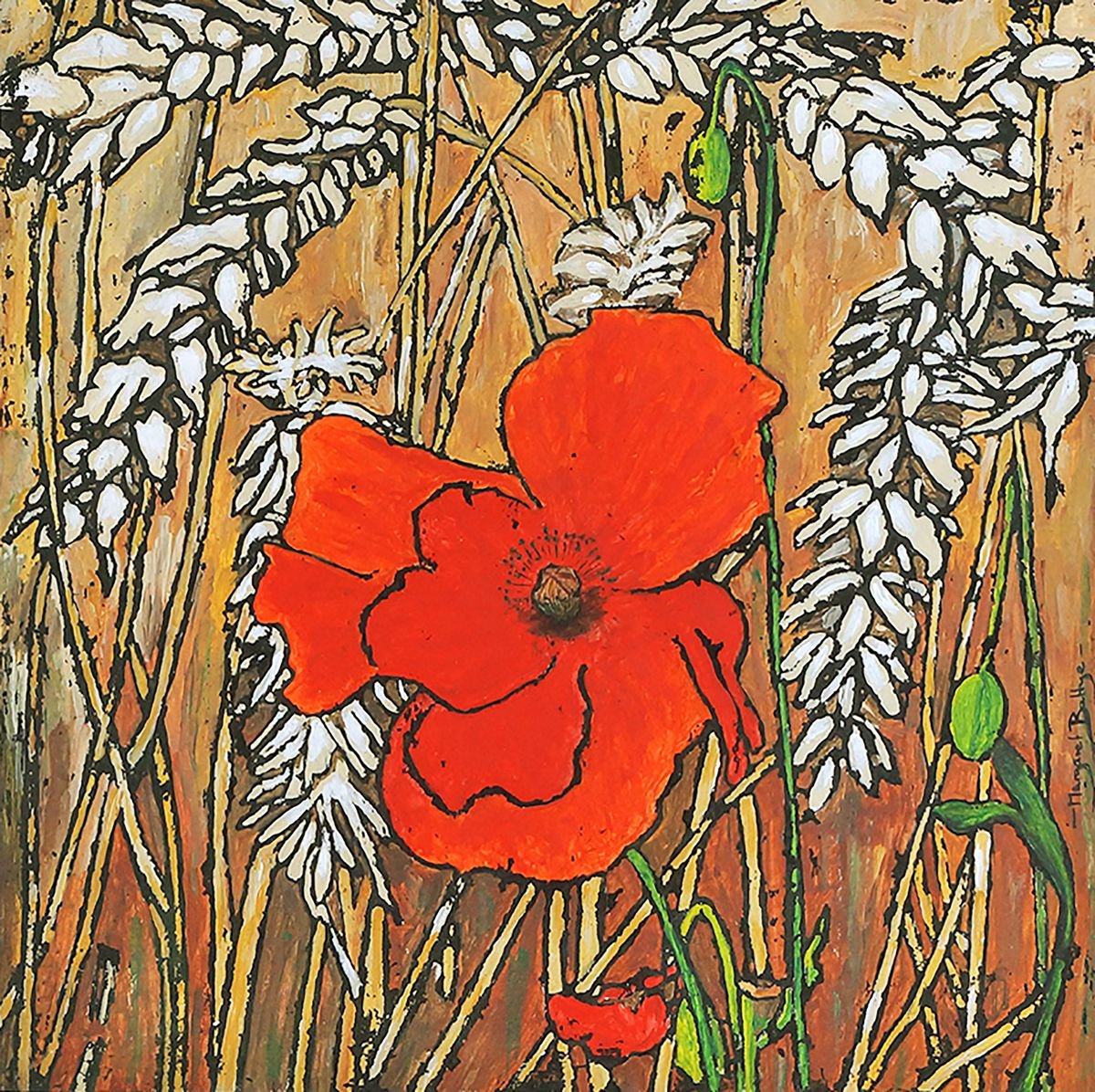 Poppy In The Corn - Framed - Ready To Hang - Ink Resist Painting by Margaret Battye
