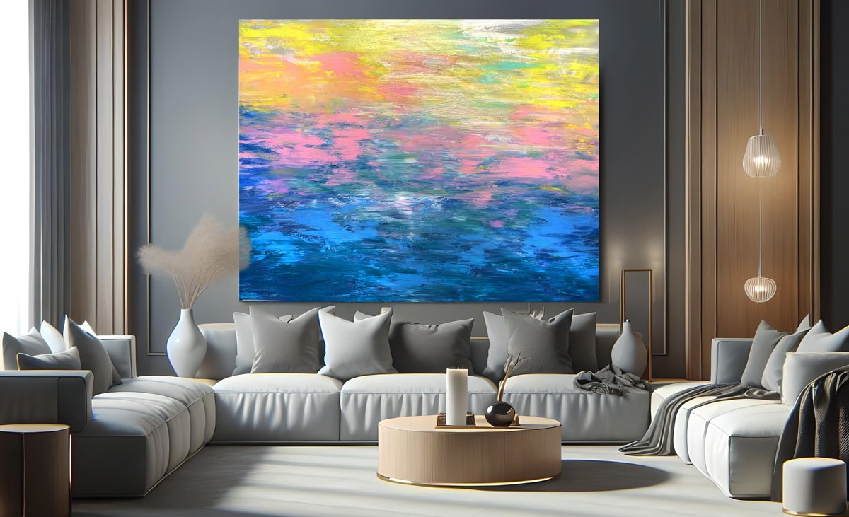 Organic Abstract Acrylic Painting By Estelle Asmodelle, 66 X 52, Reflections Of A Sunset, Original Artwork