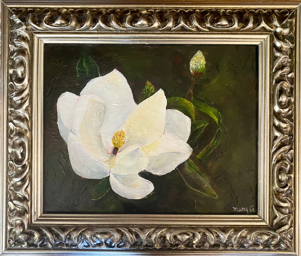 Gorgeous Magnolia Flower Original Oil Painting in silver frame by Mary Gullette