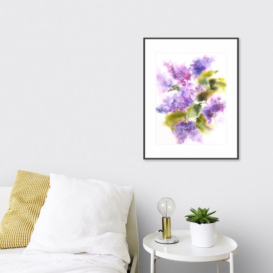 Lilac bouquet, impressionist watercolor flowers