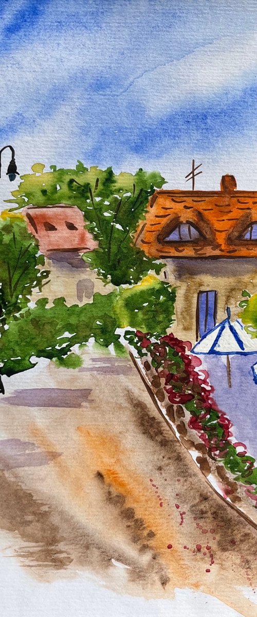 Hungary Painting Tuhany Original Art Roof Watercolor Houses Artwork Village Wall Art 8 by 12" by Halyna Kirichenko by Halyna Kirichenko