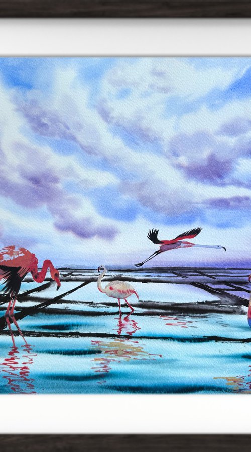 Flamingo Birds Sunset by Yuliia Sharapova