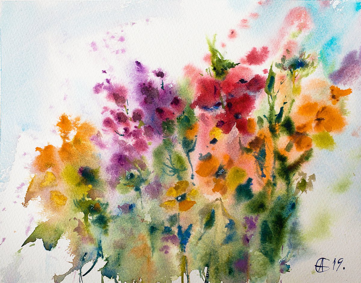 Flowers. ORIGINAL SMALL WATERCOLOR WARM flowers abstract bloom interior provence decor int... by Sasha Romm