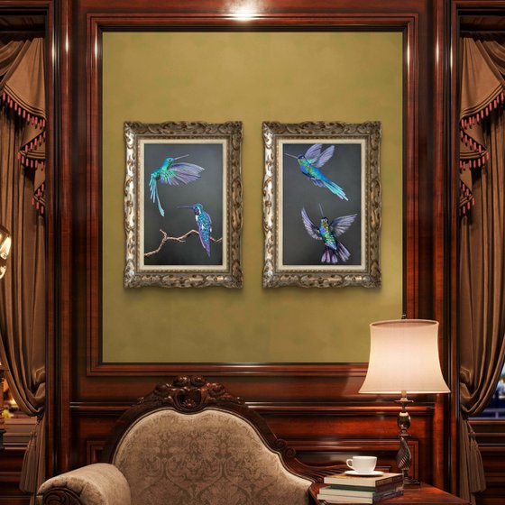 Colibri Flowers Diptych Pastel