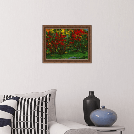 AUTUMN - original oil painting, green red coloured pond leaves, small size