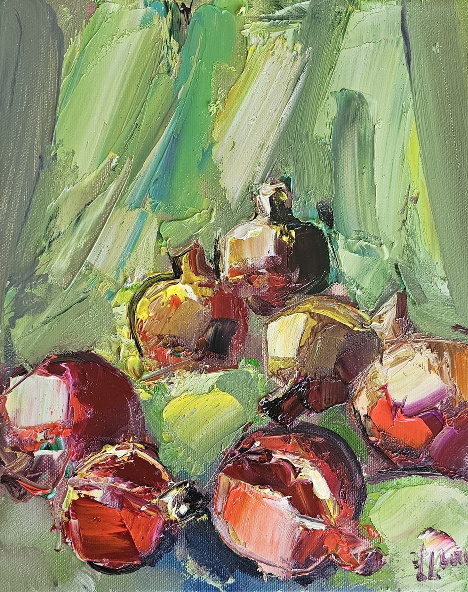 Abstract Still Life Oil Painting By Vlas Ayvazyan, 9 X 12", Pomegranate Abundance, Original Artwork