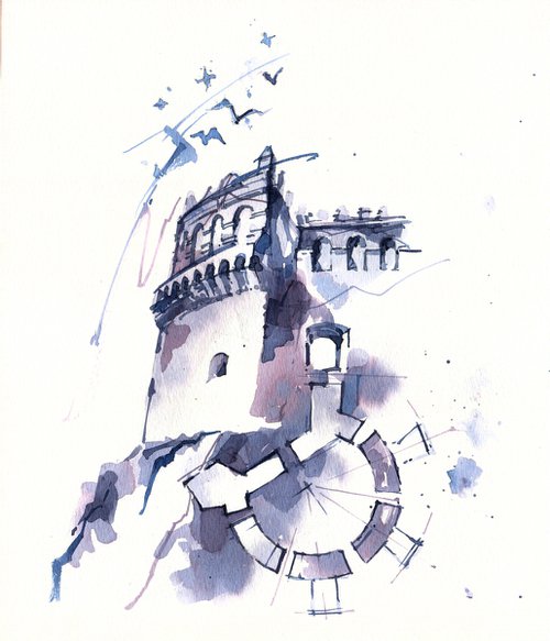 Dramatic architectural sketch "Castle in blue-gray tones" - Original watercolor painting by Ksenia Selianko