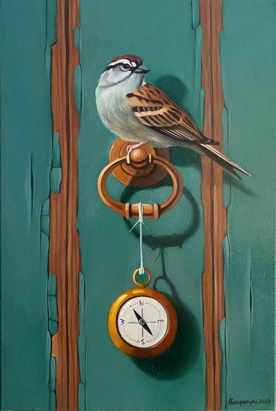 Sparrow with clock (24x35cm, oil painting, ready to hang)
