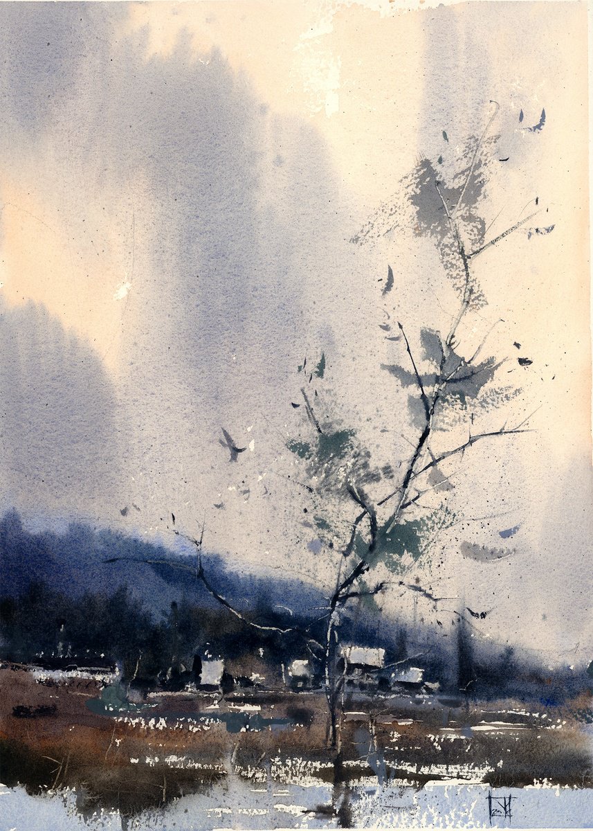 Impressionistic Landscape Watercolour By Yurii Prysiazhnyi, 11 X 15", Windy Day, Original Artwork