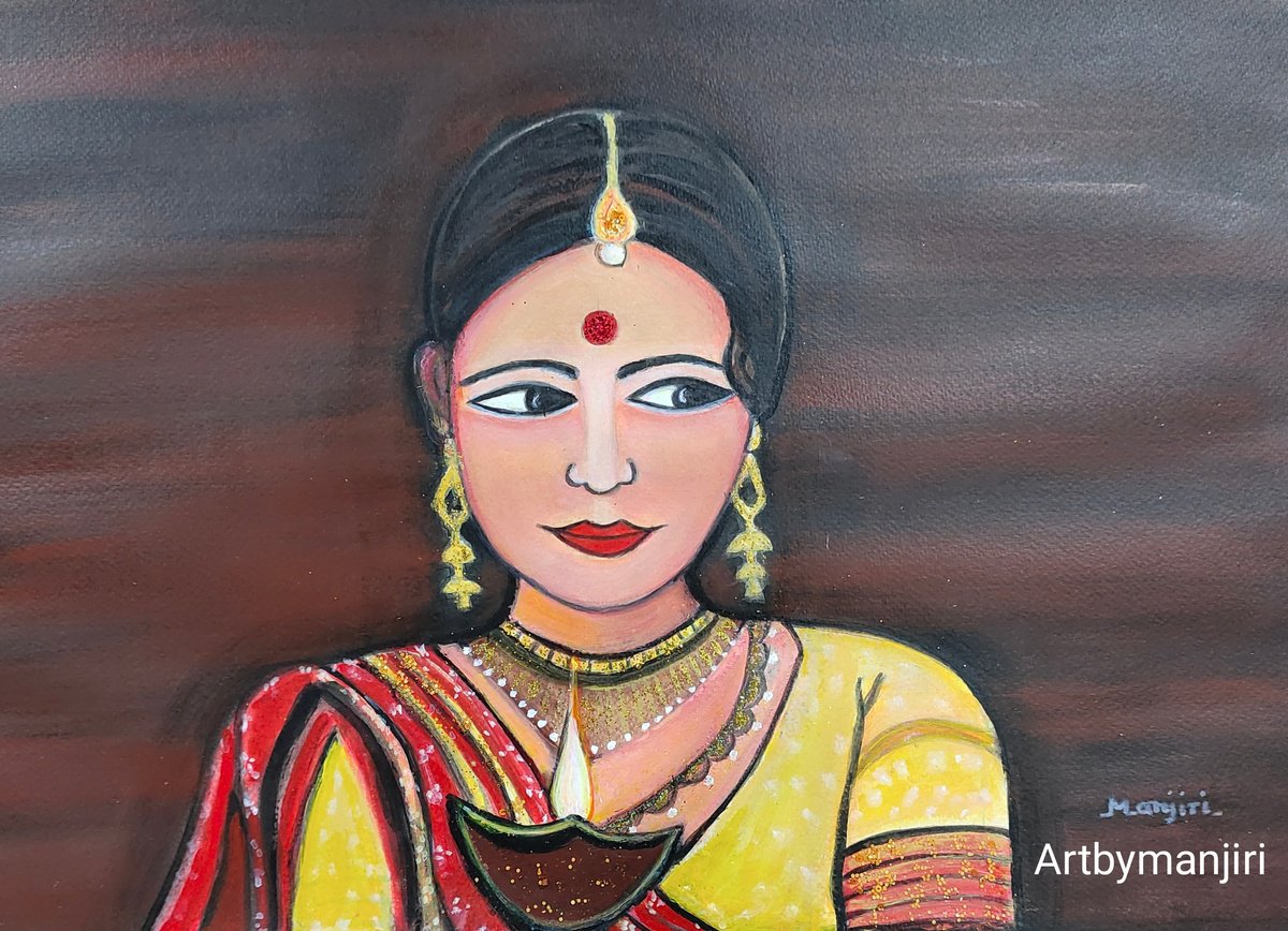 Indian Lady with a lamp glittering figurative art by Manjiri Kanvinde