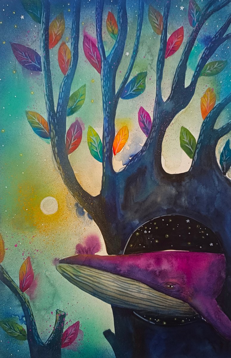 Surrealistic Animal Painting By Evgenia Smirnova, 15 X 22, Tree Of Forgotten Dreams, Original Artwork