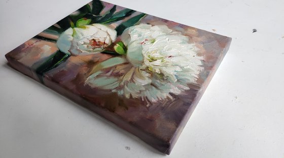 White peony flowers painting canvas art 8x6 inches, Two white flowers small oil painting framed