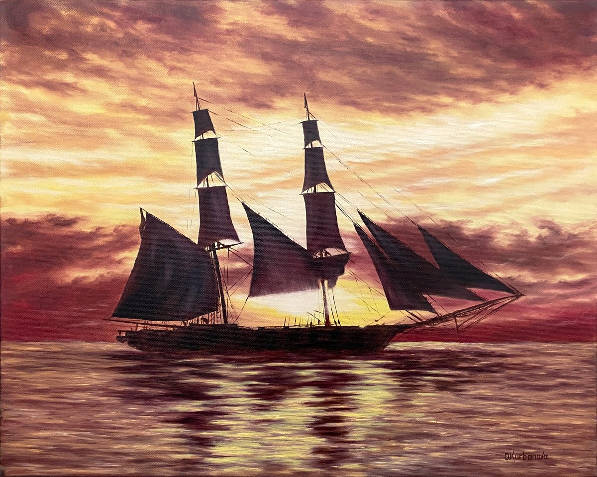 Sails In The Orange Sunset By Olga Kurbanova, 20 X 16, Artwork For Sale On Artfinder