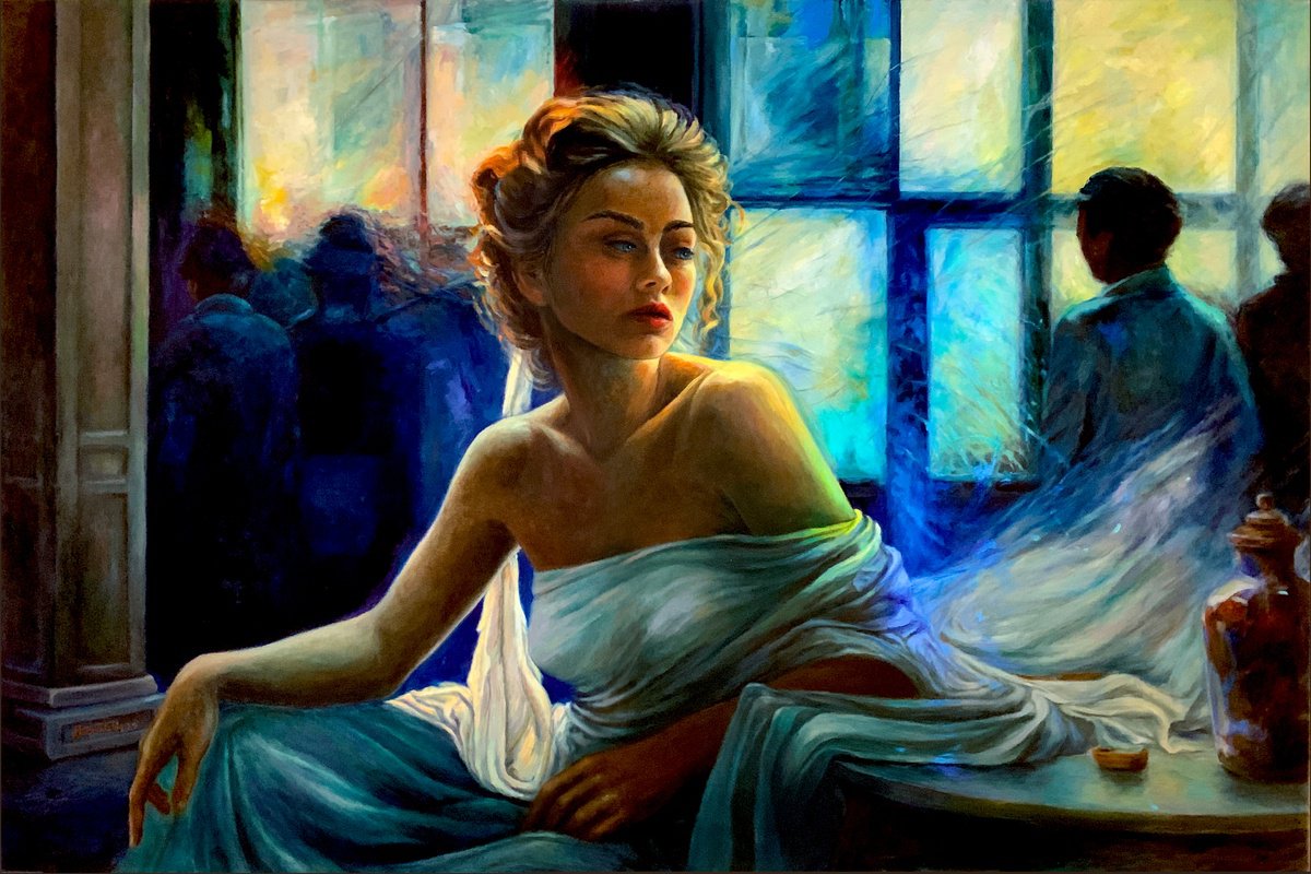 Impressionistic Portrait Oil Painting By Fatih Sungurtekin, 59 X 39, In A Timeless Moment, Original Artwork