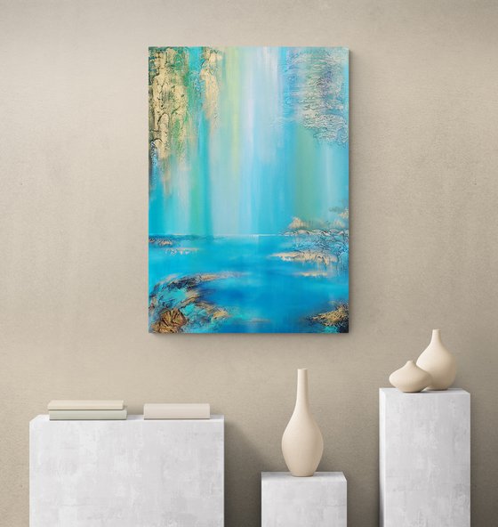 A large abstract beautiful structured mixed media painting of a lake "Under the willow"