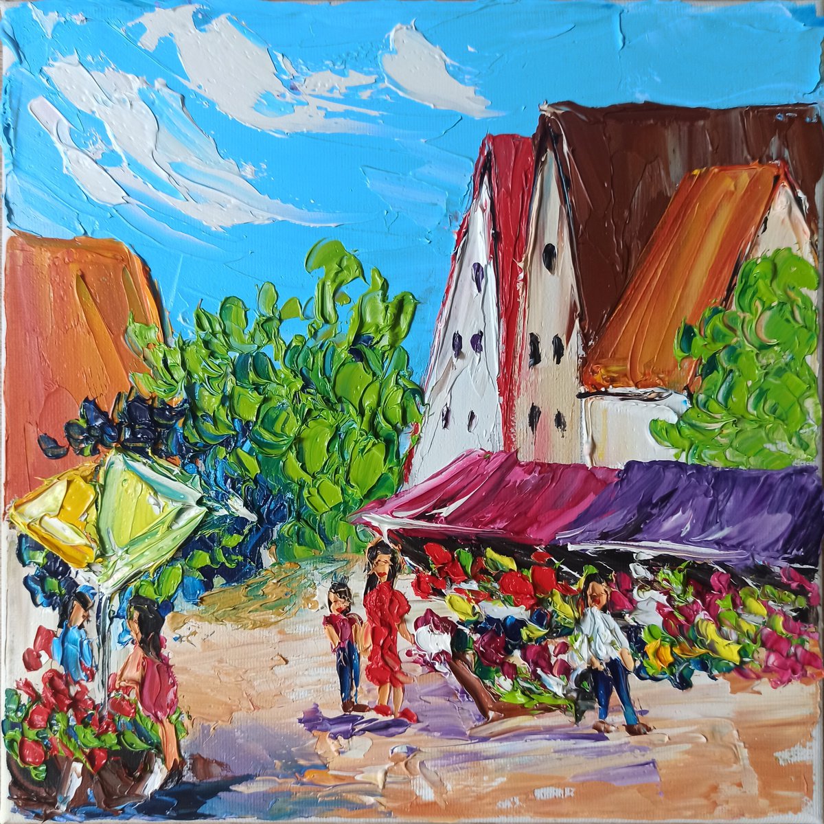 Impressionistic Cityscapes Oil Painting By Oksana Fedorova, 10 X 10", The Street Market In Old Town, Original Artwork
