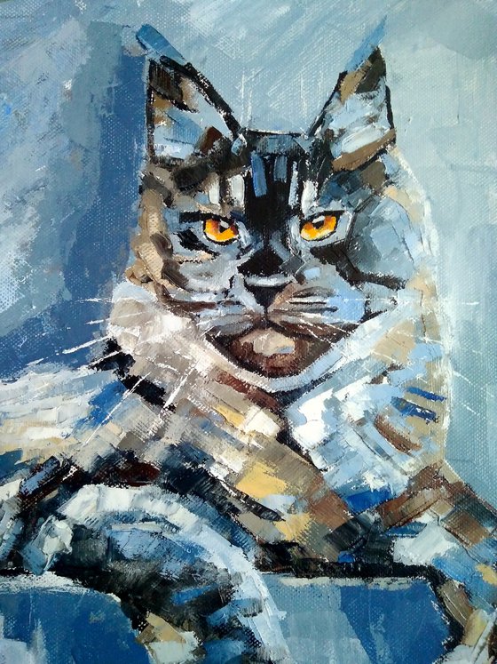 The Cat, Cat Oil Painting Maine Coon Original Art Tabby Cat Artwork Pet Portrait Wall Art 60x40 cm