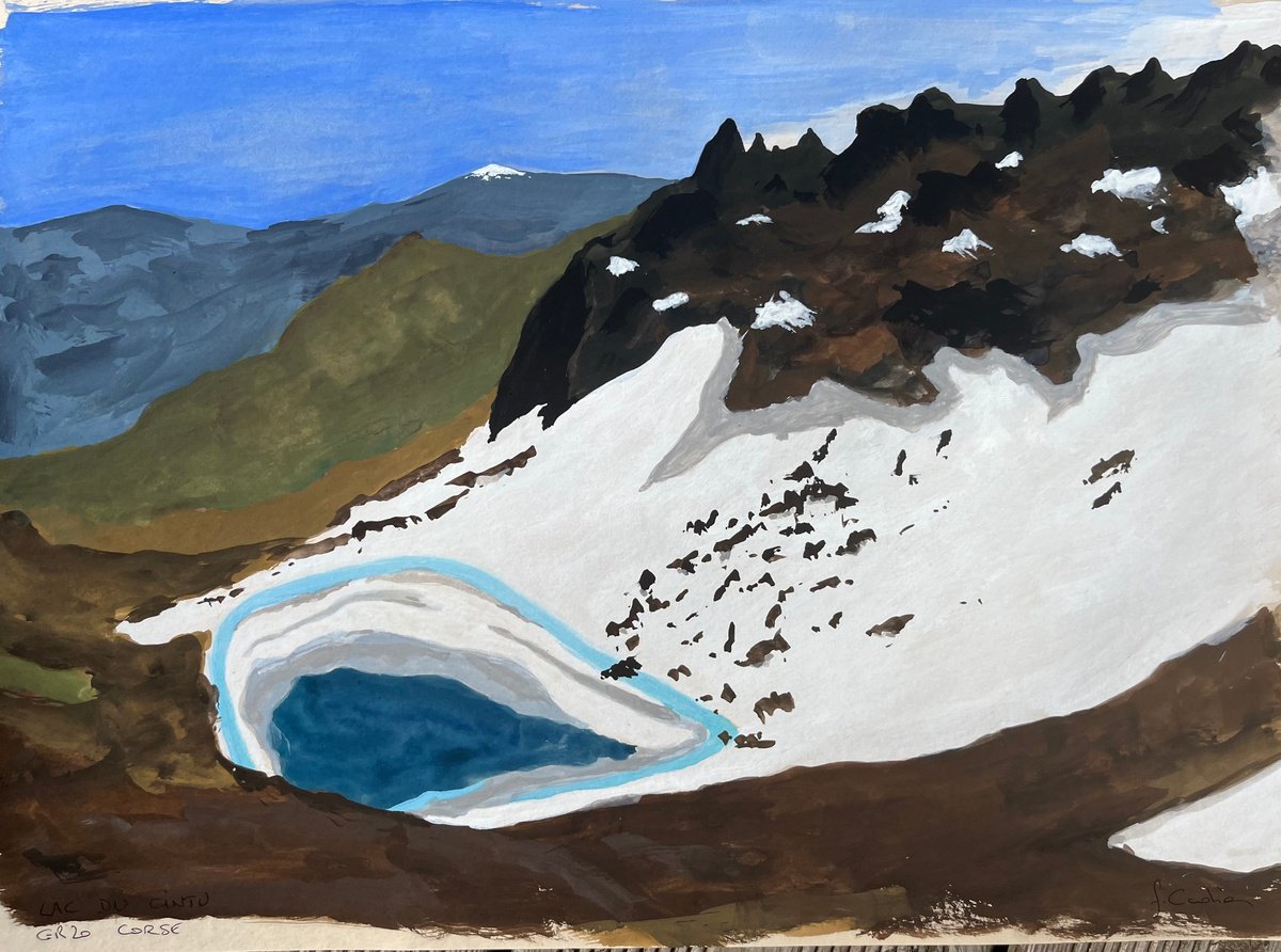 Naive Landscape Painting By Cadiou Frederic, 17 X 13, Cintu Lake, Original Artwork