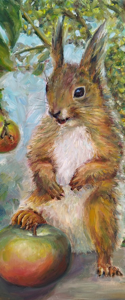 Squirrel With An Apple, oil on canvas by Jura Kuba Art