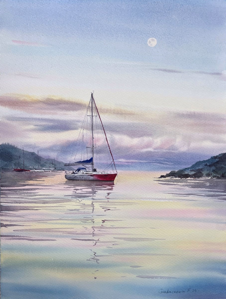 Impressionistic Landscape Watercolour By Eugenia Gorbacheva, 12 X 16, Yacht And Pink Dawn, Original Artwork