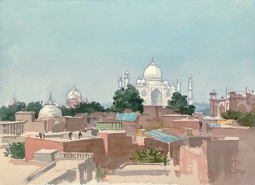Taj Mahal from a rooftop. Agra. India by Eleanor Mill
