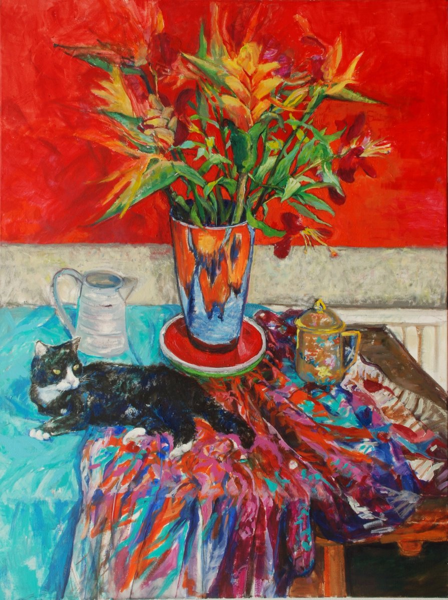 Impressionistic Still Life Oil Painting By Patricia Clements, 30 X 40", Bird Of Paradise And Cat, Original Artwork