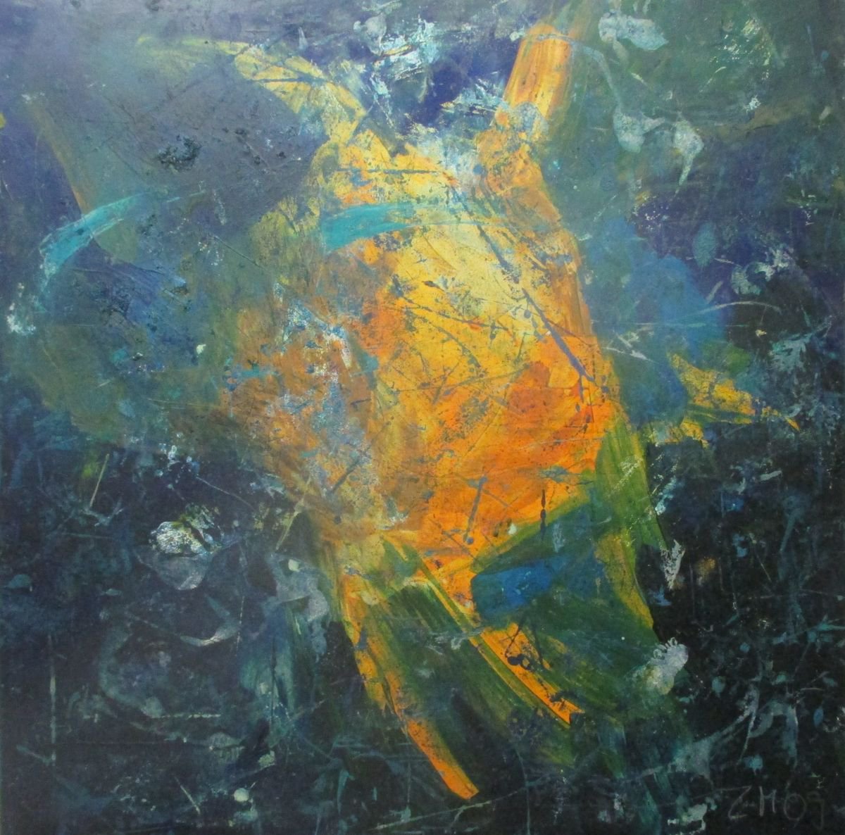 big blue abstract - informel painting xl 39x39 inch by Sonja Zeltner-Muller