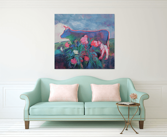 Neon Cow and Peony Bush