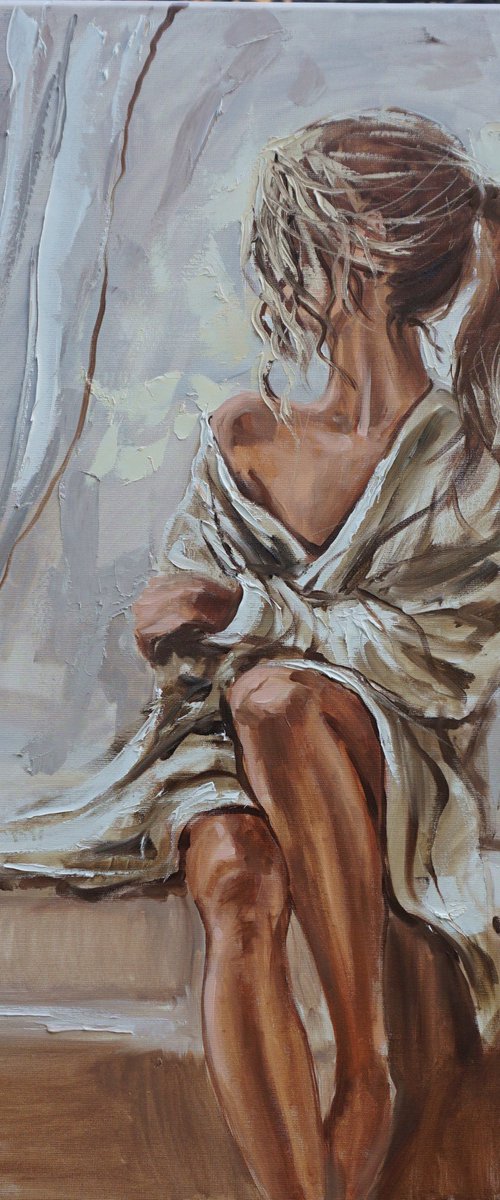 " BY THE WINDOW ... "-   liGHt  ORIGINAL OIL PAINTING, GIFT, PALETTE KNIFE nude WINDOW by Monika Luniak
