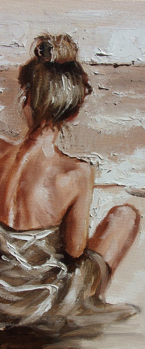 " HOT DAY ... " SUN SKY SEA SAND liGHt  ORIGINAL OIL PAINTING, GIFT, PALETTE KNIFE by Monika Luniak