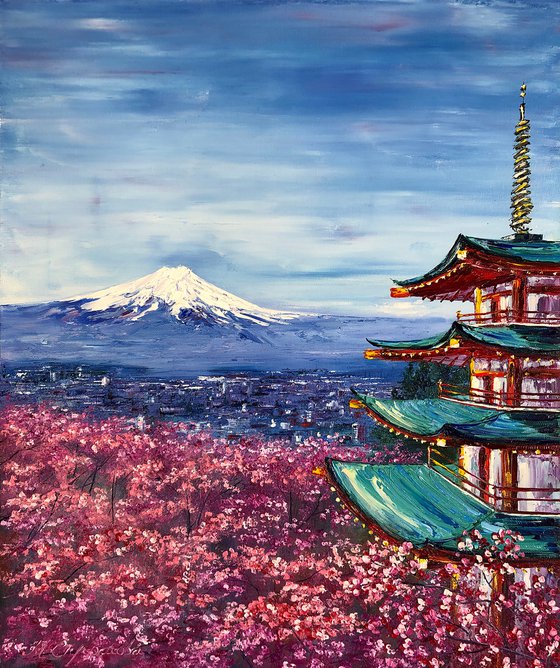 FUJIYAMA - Mountain. Japan. Temple. Culture. History. Sakura. Blooming gardens. Rosewood. Spring. Sky.