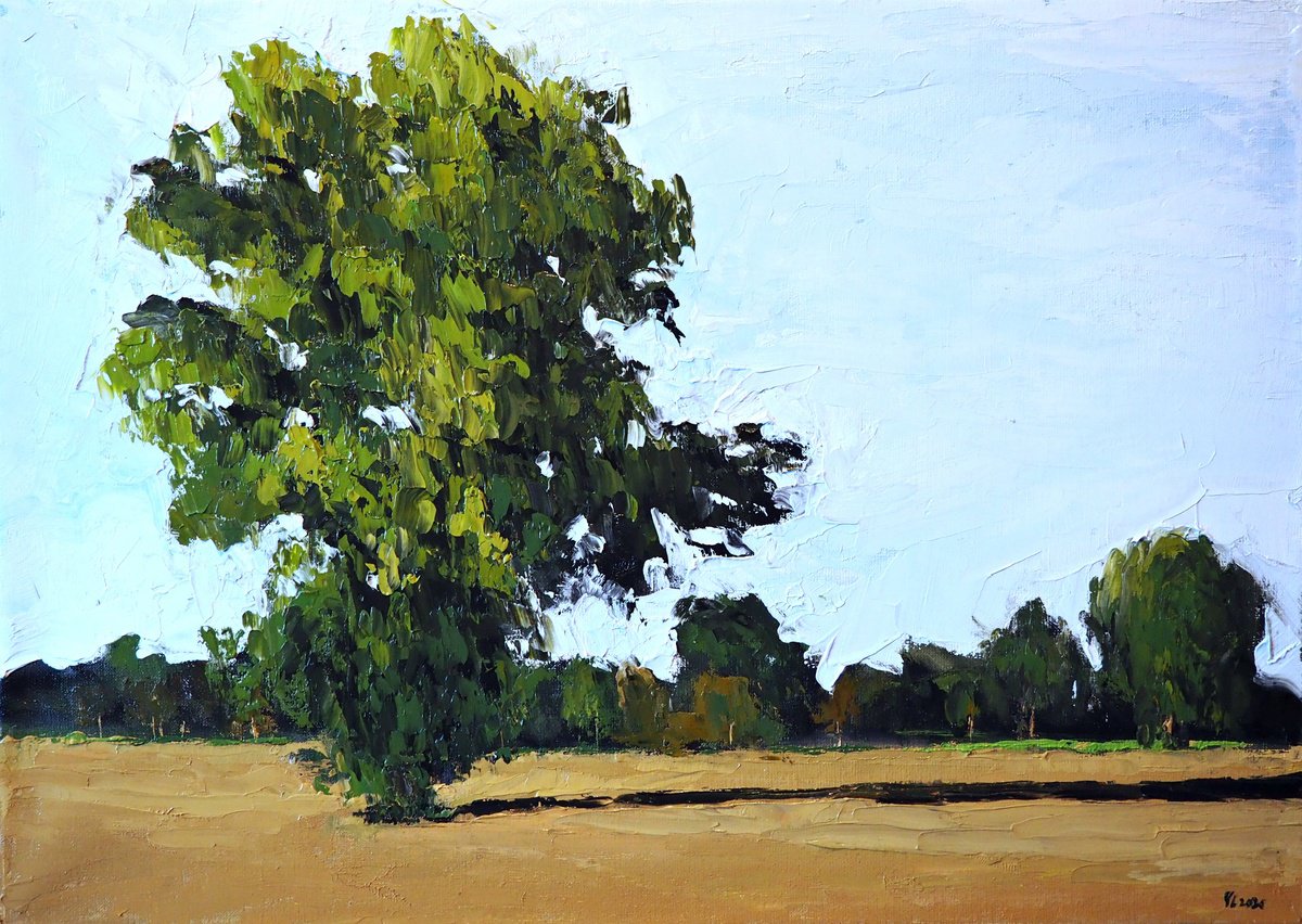 Impressionistic Landscape Oil Painting By Yuanyuan Liu, 28 X 20", A Lonely Tree, Original Artwork